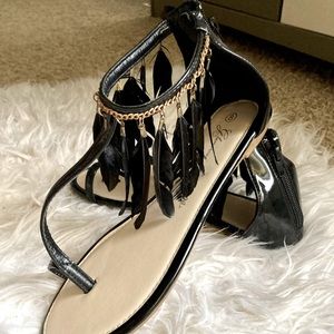Glamorous women’s T-Strap Ancle Starp with Feather Decor Zip Closer Sandals